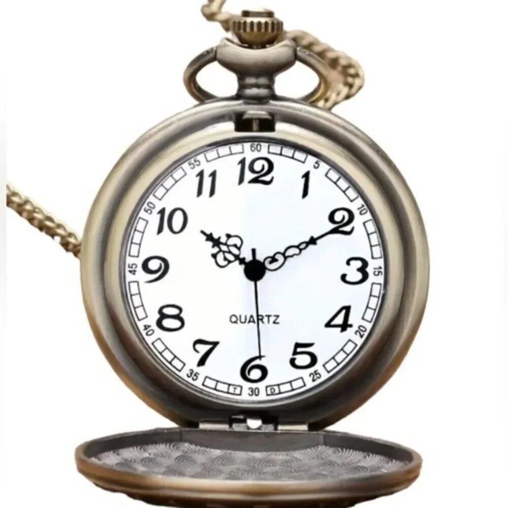Pocket Chain Watch Mustang Car Flip Open Bronze Tone Quartz Second Hand